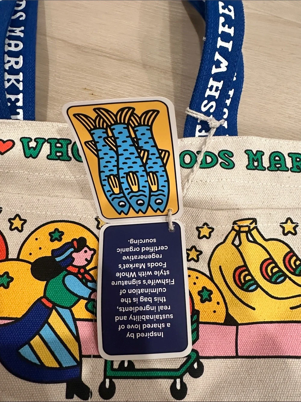 Whole Foods Market x Fishwife Canvas Tote Bag in Natural with Blue Handles